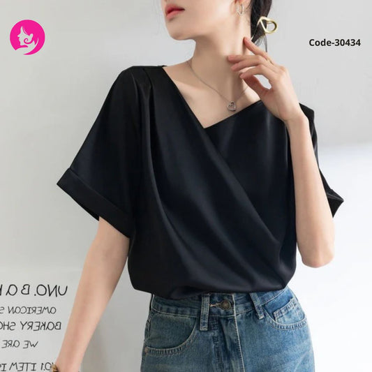 Silky Satin Neck Anti-Pilling Women's T-Shirt Tops Loose Versatile Layered Light Breathable Short Sleeves Trendy Solid