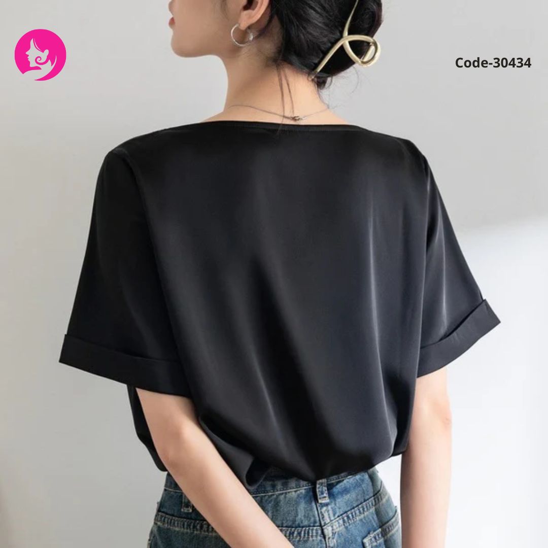 Silky Satin Neck Anti-Pilling Women's T-Shirt Tops Loose Versatile Layered Light Breathable Short Sleeves Trendy Solid
