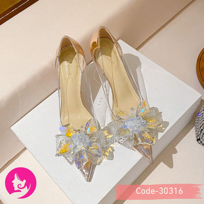 Luxury Crystal Wedding Shoes Design Pointed Toe Pvc Transparent High Heels