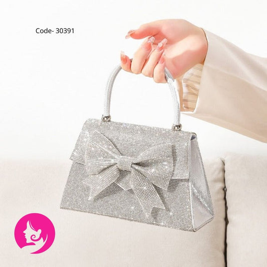 Luxury Rhinestone Silver Crossbody Bag with Bow & Diamond Accents