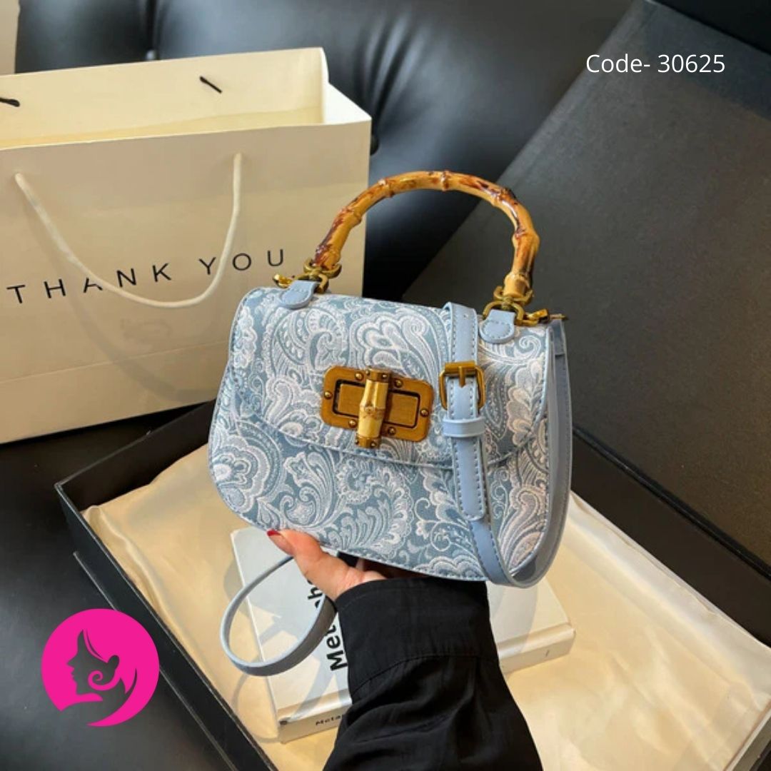 Women’s Retro Printed Mini PU Shoulder Bag – Small Lock Handbag (Off White/Blue)