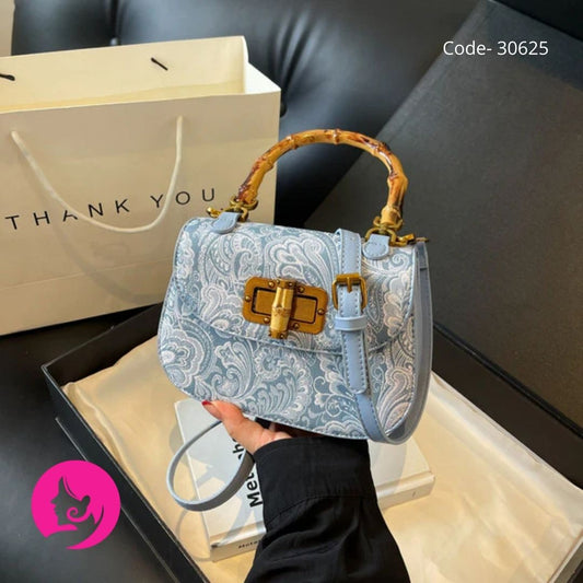 Women’s Retro Printed Mini PU Shoulder Bag – Small Lock Handbag (Off White/Blue)