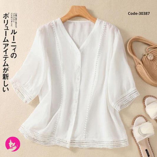 WG Women’s V-Neck Lace Knitted Blouse – Sweet Solid Spring Top