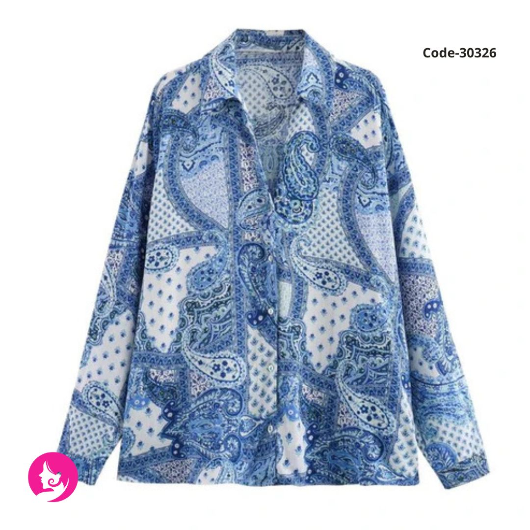 Women’s Blue Floral Print Button-Up Blouse – Long Sleeve Turn-Down Collar Casual Top