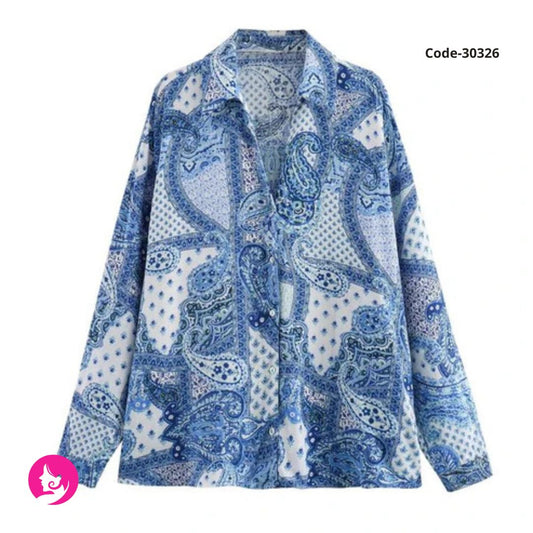 Women’s Blue Floral Print Button-Up Blouse – Long Sleeve Turn-Down Collar Casual Top