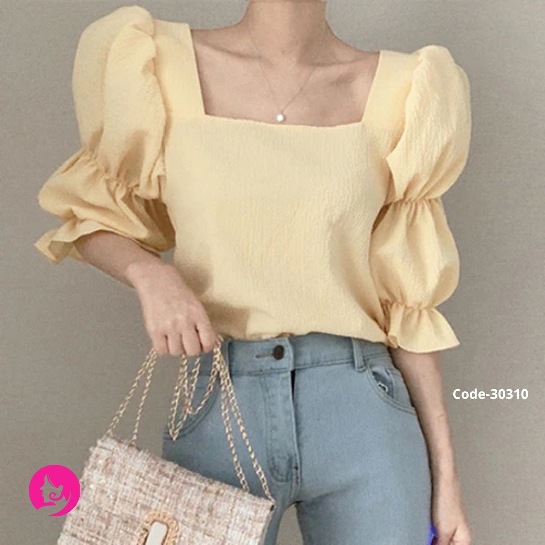 Women’s Square Neck Chiffon Blouse – Puff Sleeve Summer Korean Fashion Top