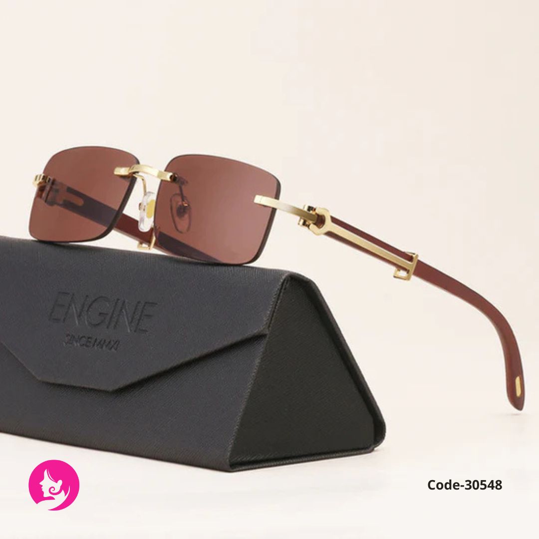 Pattiaz Gold Tea Frameless UV400 Sunglasses – Square PC Lens with Wood Temples