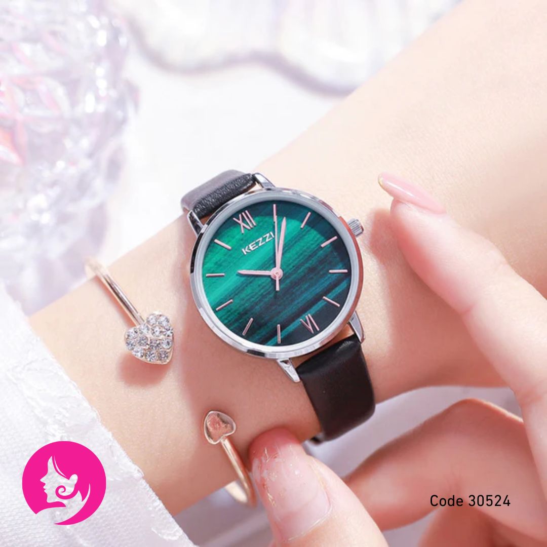 Kezzi 1851 Little Green Watch – White Shell Gold Women’s Quartz Watch, 30M Waterproof