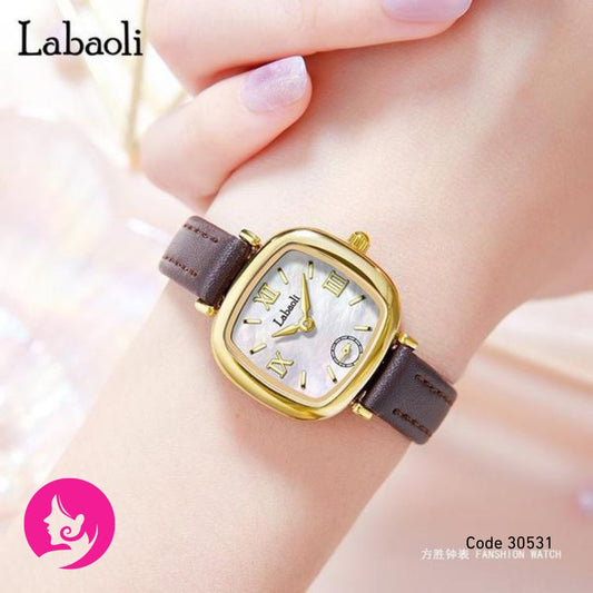 Laboli Golden Shell Women’s Square Quartz Watch – 30M Waterproof with Genuine Leather Strap
