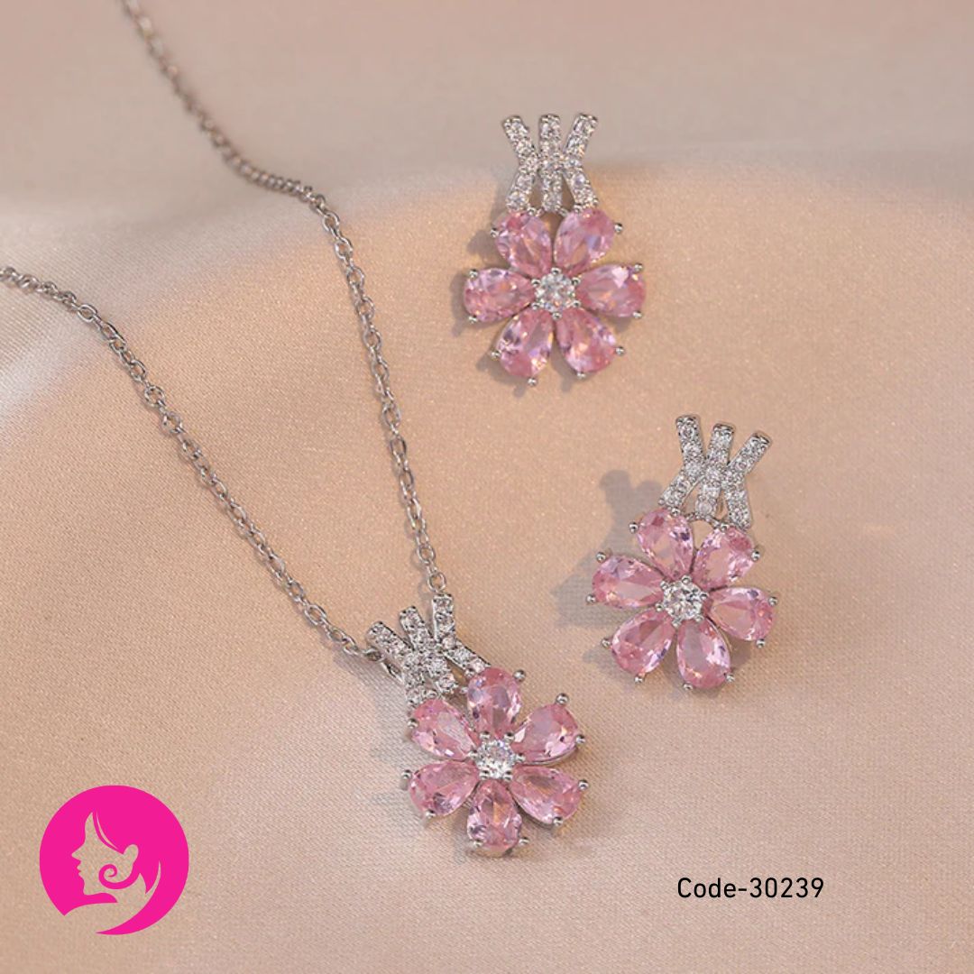 Hando Light Luxury Flower Jewelry Set – Stainless Steel Diamond-Inlaid Necklace & Earrings