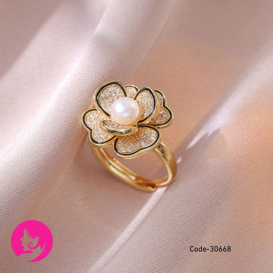 Hando Flower Freshwater Pearl Ring – Elegant Stainless Steel Petal Design