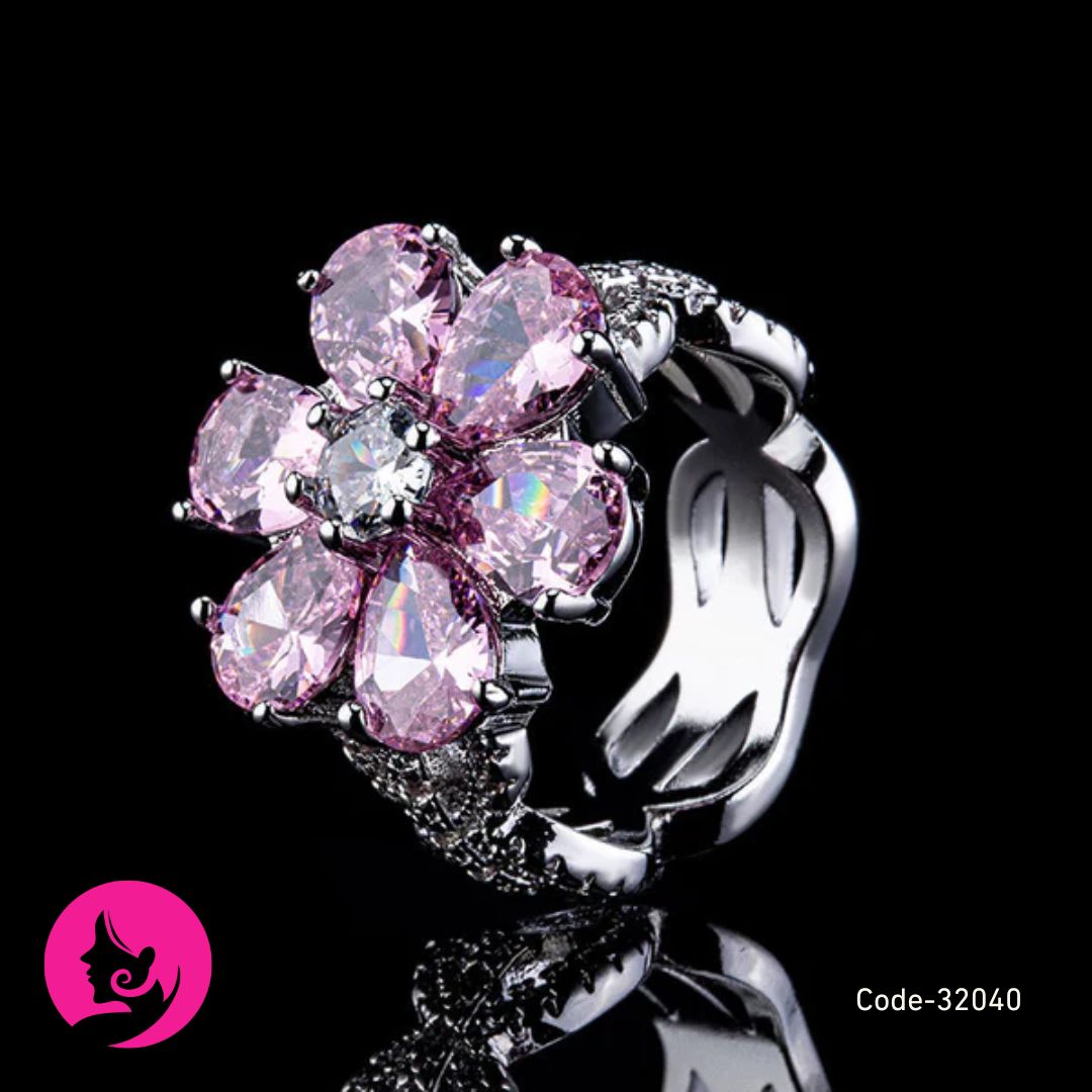 Platinum Plated Flower Ring – Pear-Cut Zircon Wedding & Engagement Band for Women