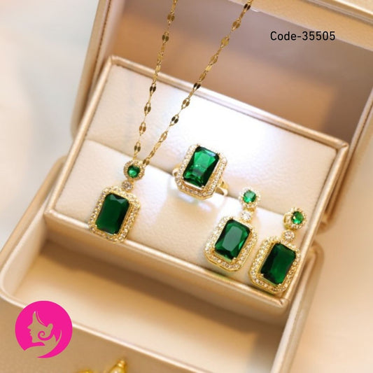 Emerald Necklace Jewelry Set Women Stainless Steel Chain Necklace Earrings Rings Set