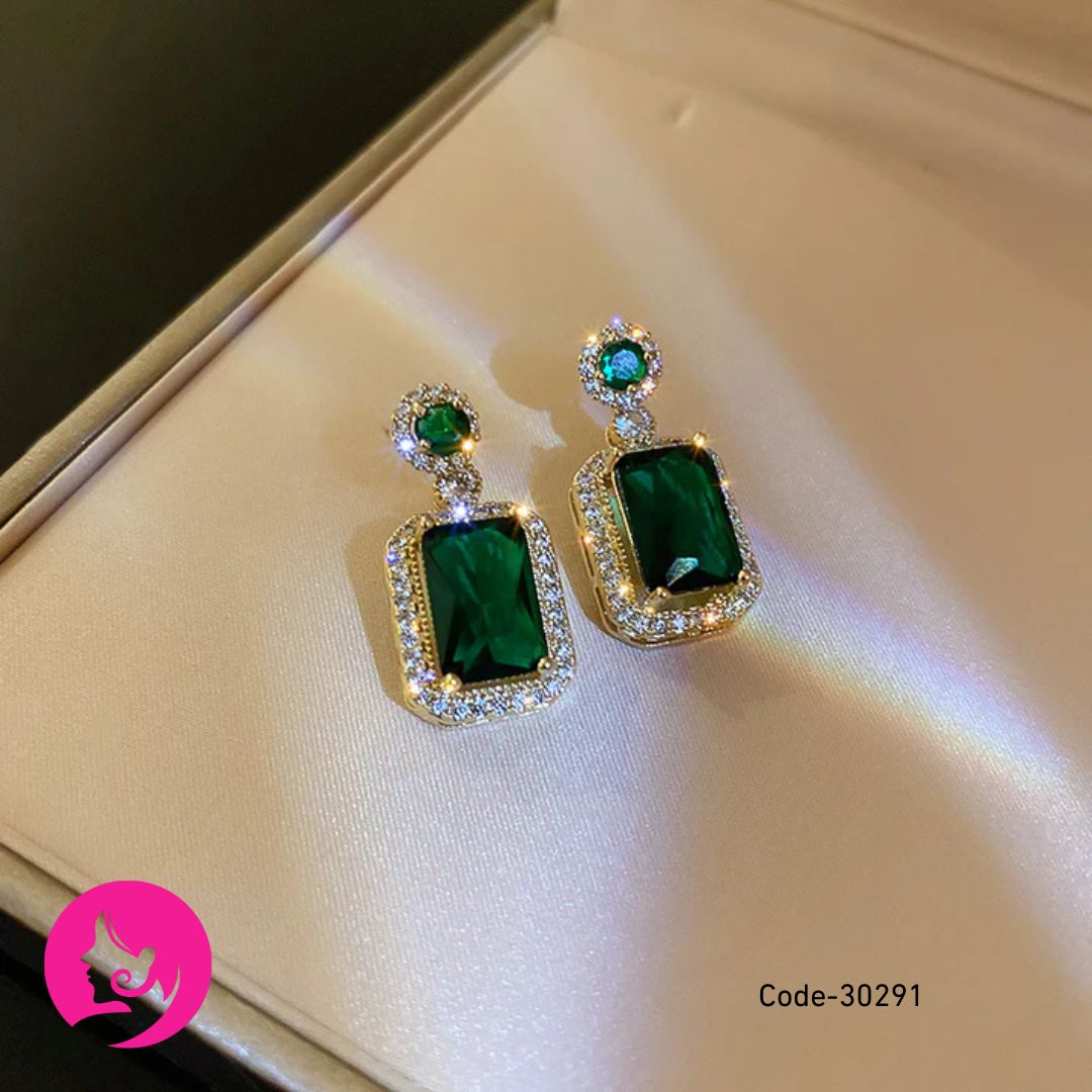 Silver Needle Emerald Geometric Earrings – Premium Mosaic Metal Statement Jewelry