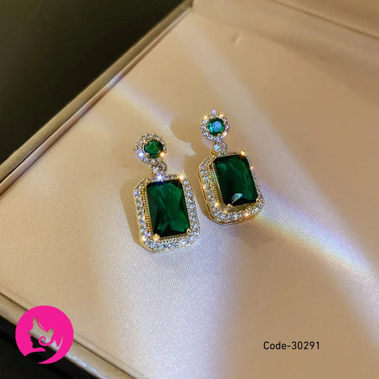 Silver Needle Emerald Geometric Earrings – Premium Mosaic Metal Statement Jewelry