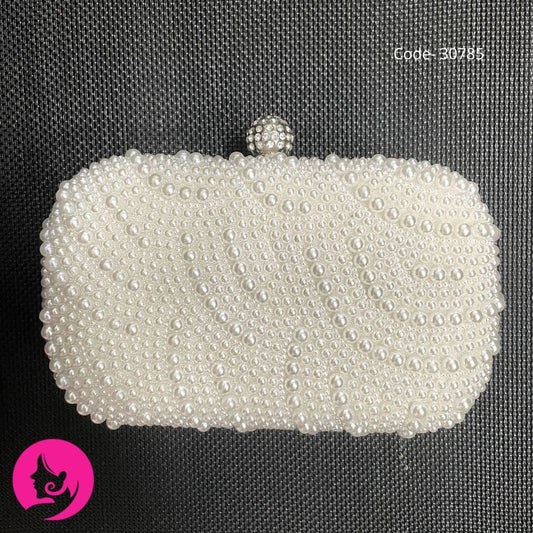 Elegant Pearl Beaded Clutch – Rhinestone Accents with Chain Strap