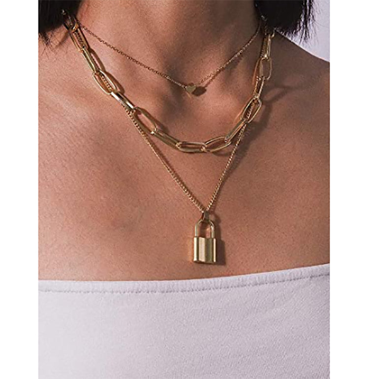 Gold Plated Layered Lock Pendant Necklace for Women