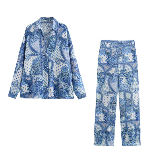 Women’s Blue Floral Print Button-Up Blouse – Long Sleeve Turn-Down Collar Casual Top