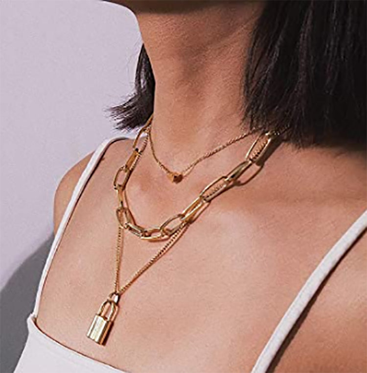 Gold Plated Layered Lock Pendant Necklace for Women