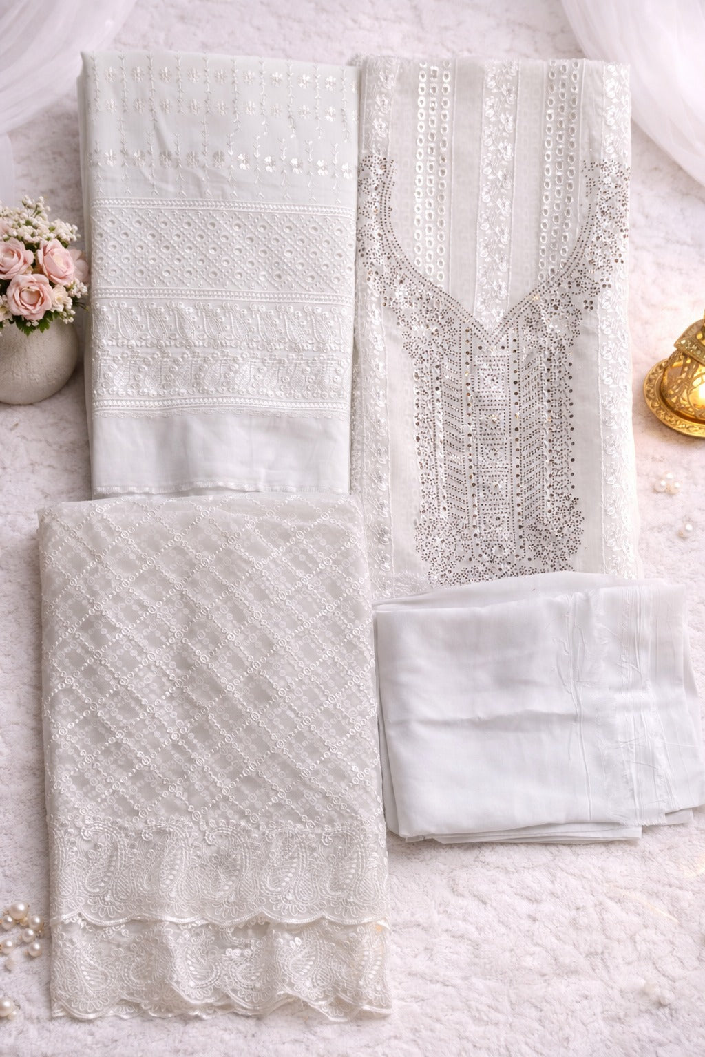 Beautiful Readymade Wet Lace Georgette Stone & Lace Work Three Piece collection