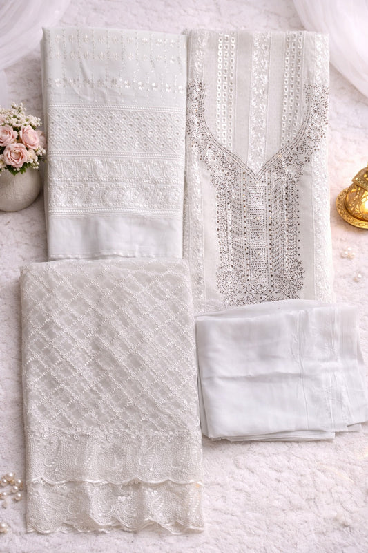 Beautiful Readymade Wet Lace Georgette Stone & Lace Work Three Piece collection