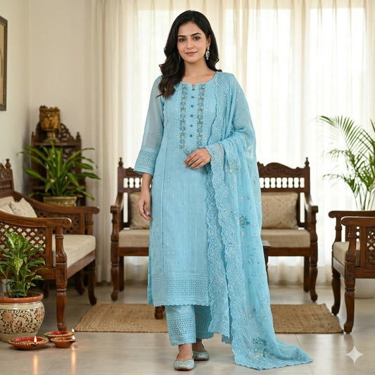 Indian Unstitched Organza Tissu Shalwar Kamiz Four Piece Party Dress For Women (4 Piece) - Dress For Girls