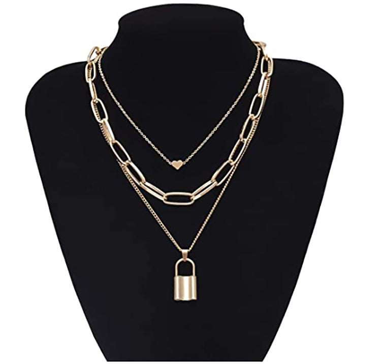 Gold Plated Layered Lock Pendant Necklace for Women