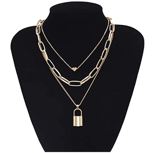 Gold Plated Layered Lock Pendant Necklace for Women