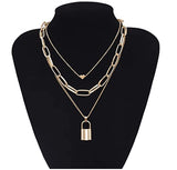 Gold Plated Layered Lock Pendant Necklace for Women