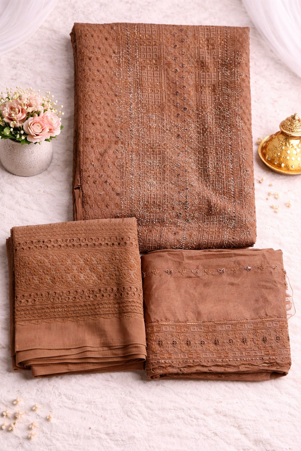 Beautiful Readymade Wet Lace Georgette Stone & Lace Work Three Piece collection