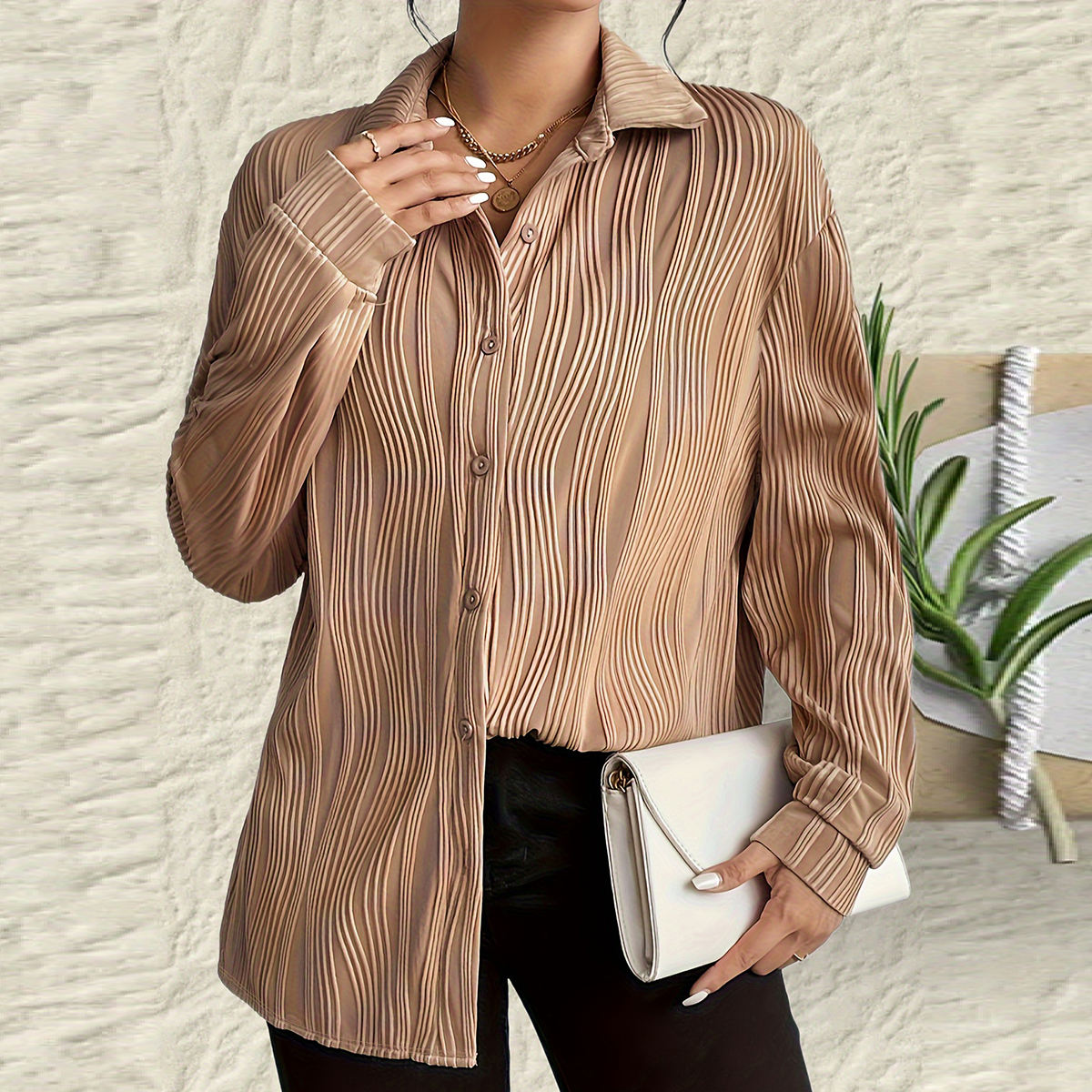 Women’s Textured Button Shirt with Ruffled Fold Collar – Spring & Winter Fashion Top