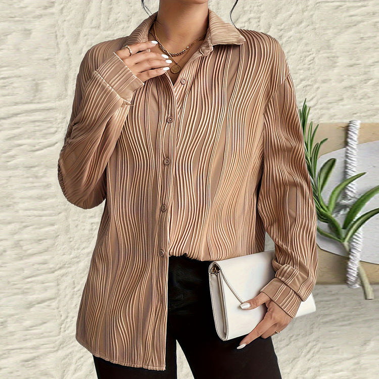 Women’s Textured Button Shirt with Ruffled Fold Collar – Stylish Fashion Top