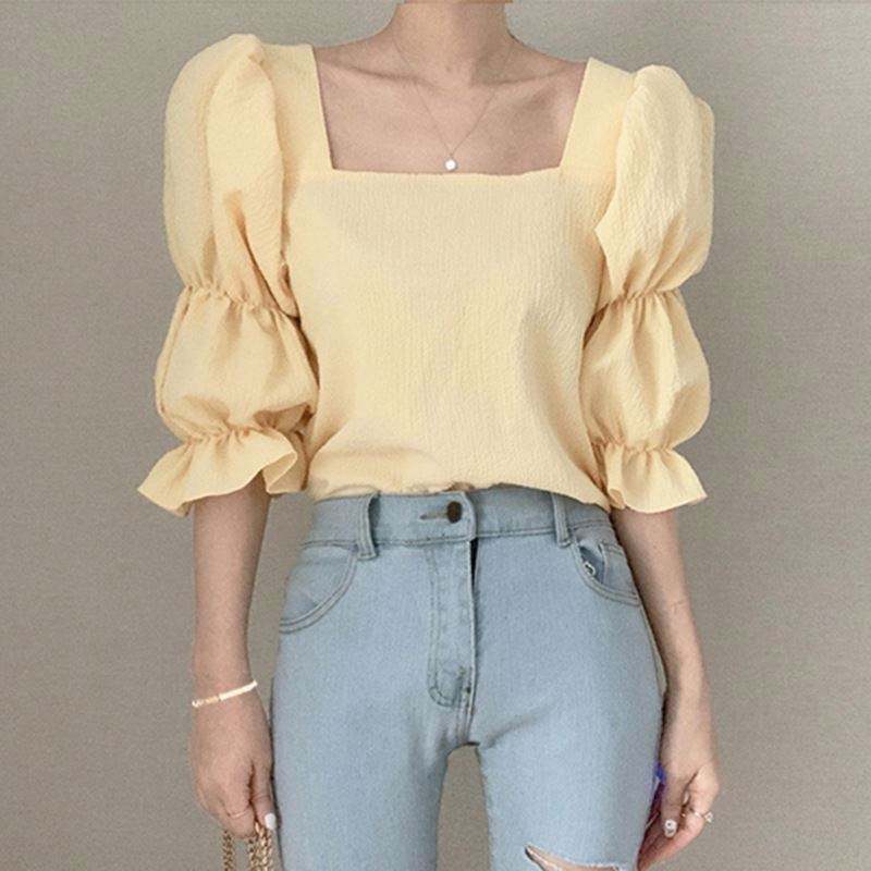 Women’s Square Neck Chiffon Blouse – Puff Sleeve Summer Korean Fashion Top