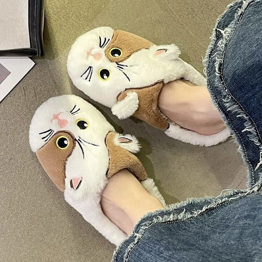 Cute Cat Face Slippers – Warm Wool Indoor EVA Shoes (Black & Brown)