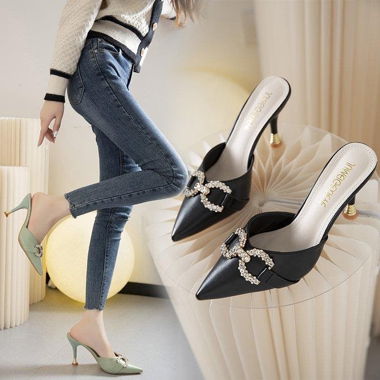 Summer New Korean Version of Rhinestone square Buckle Pointed Head Baotou Half Drag Fine slippers with Women's Shoes