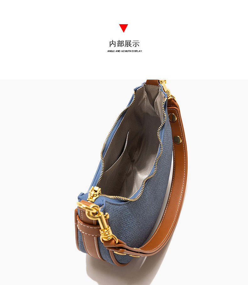 Rose & Denim Blue Canvas Shoulder Bag – Chic Daily Zipper Bag