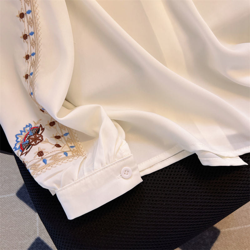 Long Sleeve White Fashion Retro Temperament Blouse Embroidered Shirt for Women