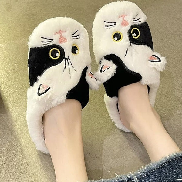 Cute Cat Face Slippers – Warm Wool Indoor EVA Shoes (Black & Brown)