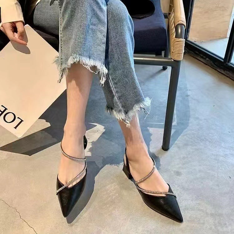 Elegant Women's Summer New Sexy Pointed Rhinestones Shallow Thick Heel Fashion Pointed Toe Sandals