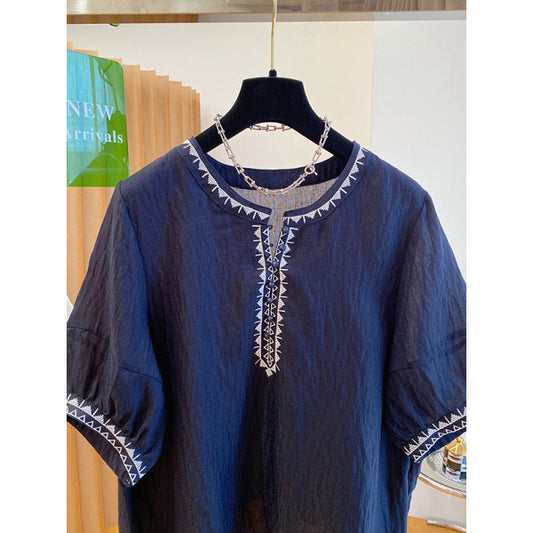 Bohemian Embroidered Tencel Shirt for Women | Loose Summer Round Neck Top