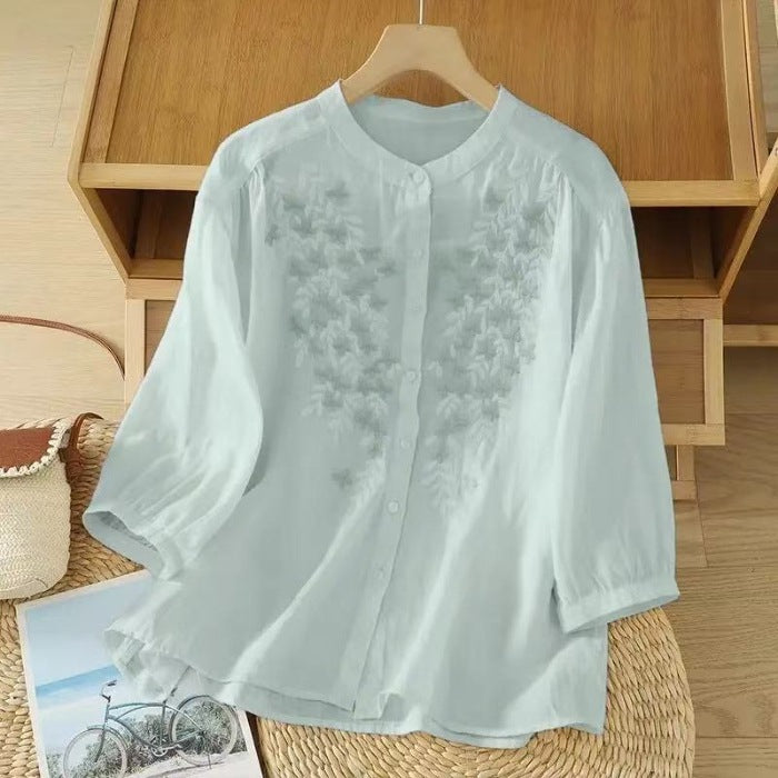 Women’s Cotton Embroidered Loose Shirt | Literary Retro Stand Collar Summer Top