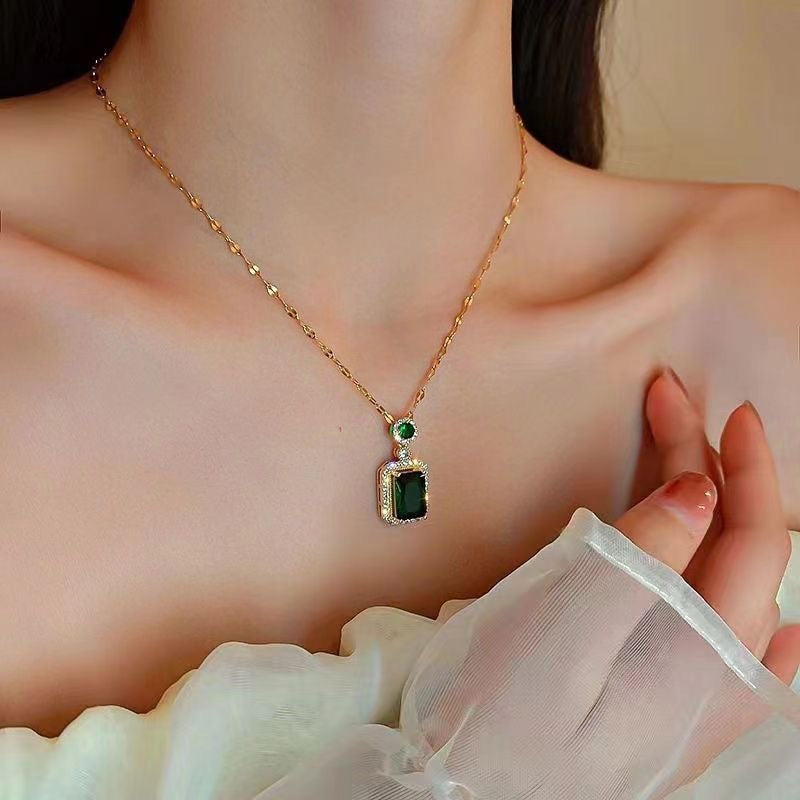 Emerald Necklace Jewelry Set Women Stainless Steel Chain Necklace Earrings Rings Set