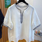 Bohemian Embroidered Tencel Shirt for Women | Loose Summer Round Neck Top