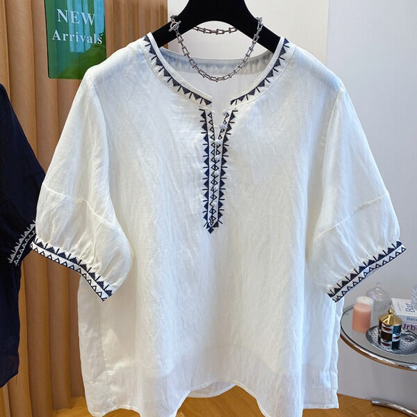 Bohemian Embroidered Tencel Shirt for Women | Loose Summer Round Neck Top