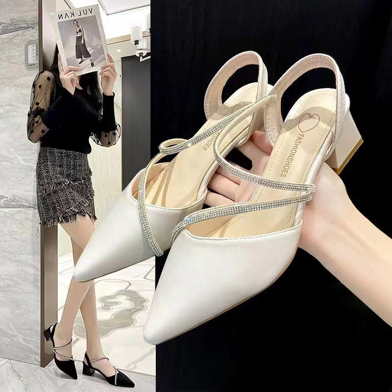 Elegant Women's Summer New Sexy Pointed Rhinestones Shallow Thick Heel Fashion Pointed Toe Sandals