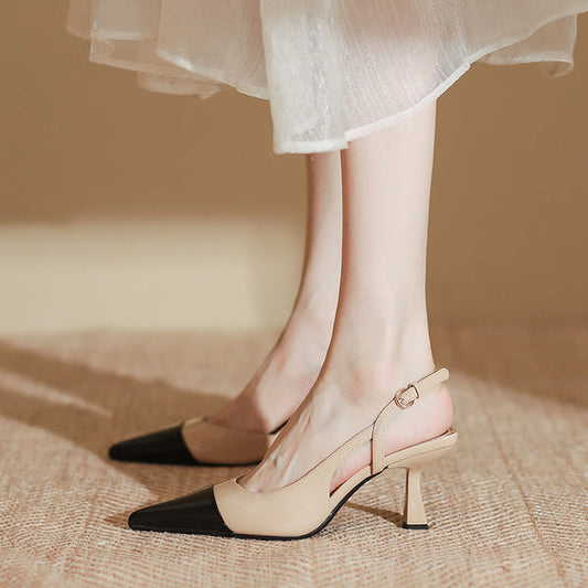 Women's French Elegant Color-Block Heeled Sandals Low-Cut Shoes
