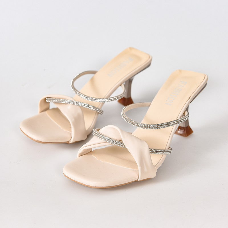 New Ladies Pleated Elegant High Heeled Sandal Women's Block Heel Rhinestones Open Toe Fashion Sandals Women slippers