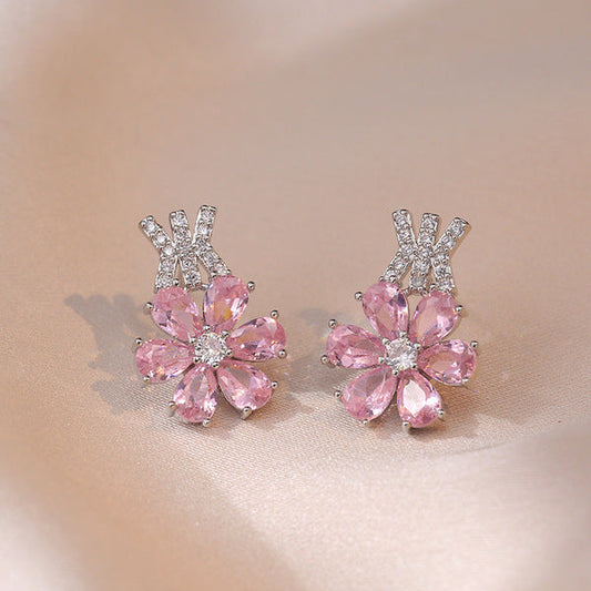 Hando Light Luxury Flower Jewelry Set – Stainless Steel Diamond-Inlaid Necklace & Earrings
