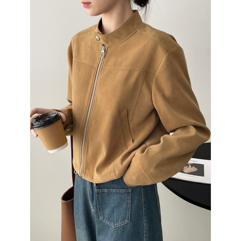 American Retro Stand-Collar Casual Biker Jacket, Chic Vintage BF-Style Outerwear
