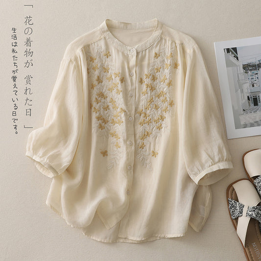 Women’s Cotton Embroidered Loose Shirt | Literary Retro Stand Collar Summer Top